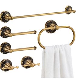 (Brand New in Box)  Cinnvoice 6 Pcs Antique Brass Bathroom Accessories Set 24 Vintage Bronze Towel Rack, Toilet Paper Holder, Hand Wash Cloth Holder a