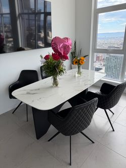 Marble Top Dining Table with 4 Black Chairs