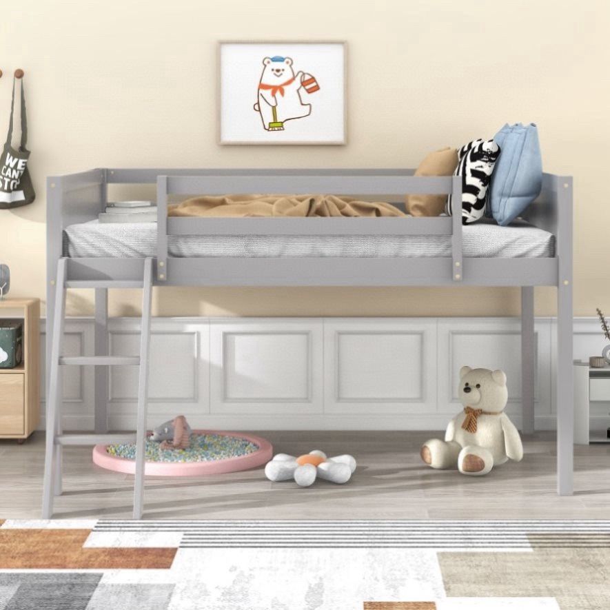 🔥Brand new in Box 🔥Loft Bed for Kids Twin Size Solid Wood Low Loft Bed w/Guard Rail and Ladder, Placed on The Left or Right, Twin Bed for Kids Room,