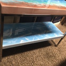 SMALL TWO TIER OCEAN BEACH CRASH ART TABLE….TOP COATINGS MADE WITH EPOXY…..39W 29H 16D 