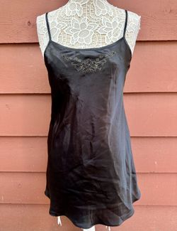 Morgan & Taylor Vintage Black Satin Slip Dress with Beaded Floral Embroidery Y2K