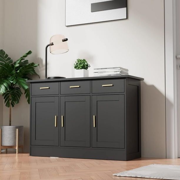 Black Kitchen Buffet Cabinet, Black Kitchen Storage Cabinet with 3 Doors and 3 Drawers, Black Buffet Sideborad for Dining Room, Dining Room