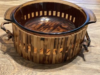 Fire King Amber Dish/Bamboo Holder 