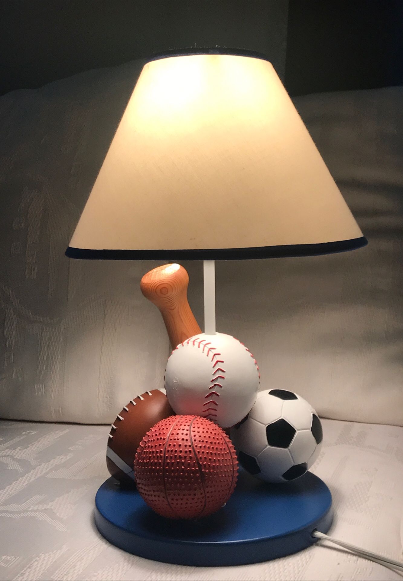 Lamp for boys desk/bedroom with baseball, soccer, football, basketball theme