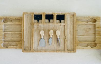 Large Cheese Serving Board Bamboo Tray + 2 Drawer Extensions 3 Utensils 3 Chalkboard Signs 