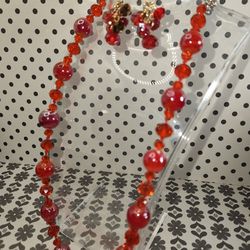 #1519 RED SARDONYX AGATE VINTAGE NECKLACE 10"in & EARRINGS
