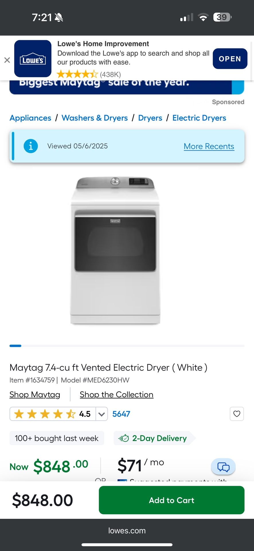 Maytag 7.4-cu ft Vented Electric Dryer ( White )