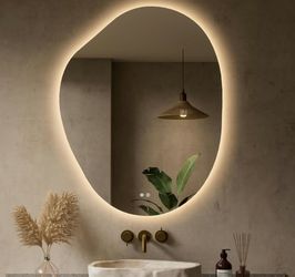 Keonjinn Asymmetrical LED Bathroom Mirror 30 x 40 Inch, HD Tempered Glass
Irregular Backlit Bathroom Mirror, Stepless Dimmable with 3 Colors, Fast Def