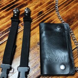 Biker Leather Wallet And Skull Head Boot Clips 