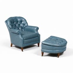 Vintage Tufted Blue Lounge Chair w/ Ottoman, c.1960's - Delivery Available 