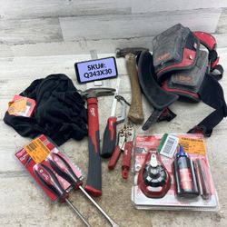 Milwaukee Mixed Tool Lot 19 Oz Hammer Knee Pads Chalk Line Saw 2X Shirt Screw Drivers See Pix