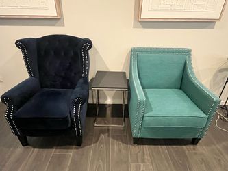 Luxury Matching Wingback Chairs – Teal & Navy – Tufted & Nailhead Trim – Designer Pair