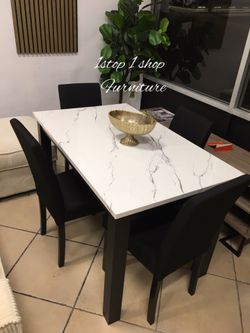 5-pc dining table set white faux marble table top