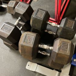 90-120 Pound Rubber Hex Dumbbells