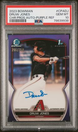 2023 Bowman Druw Jones Chrome Auto Purple Refractor 1st Prospect 206/250 PSA 10