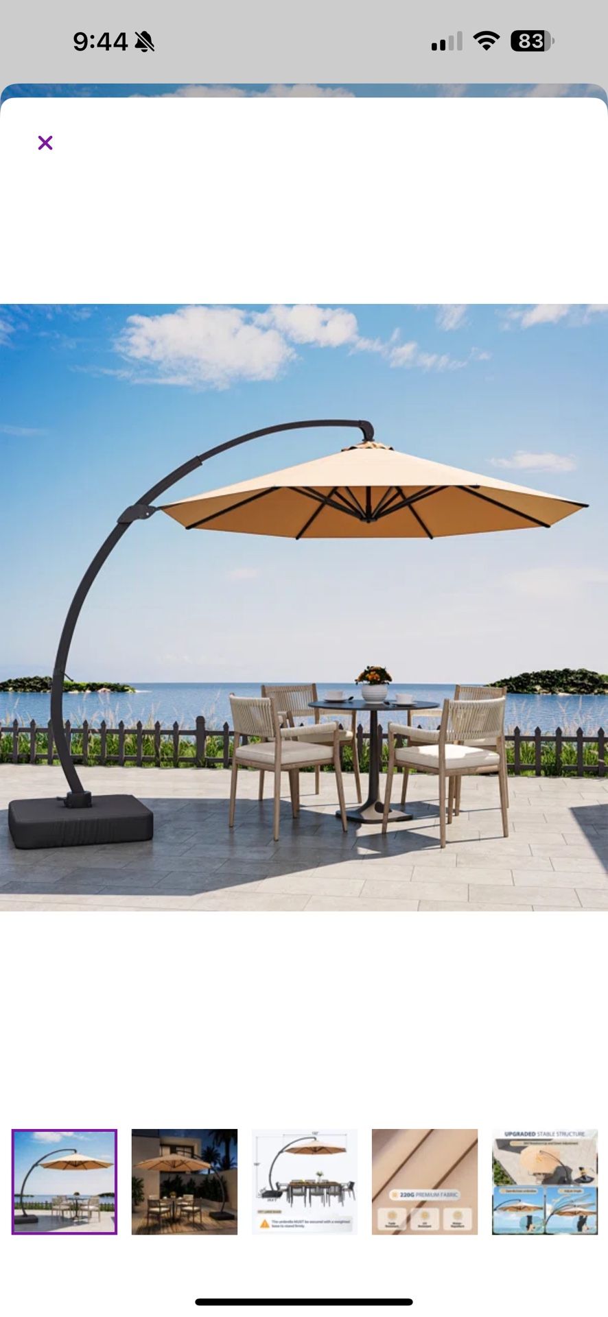 NIB Adjustable Curved Cantilever Umbrella With Base