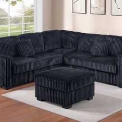 BLACK FUR LIKE CORDUROY SECTIONAL AND OTTOMAN 