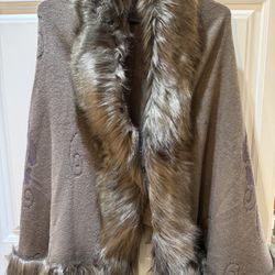 Brown Faux Fur Trim Cape Cardigan one size 