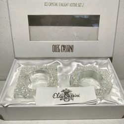 Oleg Cassini Signed Ice Crystal Tealight Votive Set,2 Candle Holders New In Box