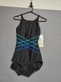 Gabar Black Ribbed High Neck One Piece Swimsuit Blue Trim Size 8 C Cup