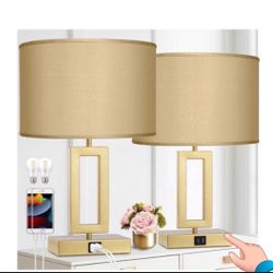 Set of 2, 19”, Gold Table Lamps with Dual USB Ports