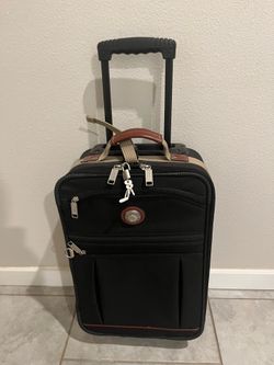 Traveler's Club Small Carry-on Black Bag, with brown leather handle and tan strap. Rarely used