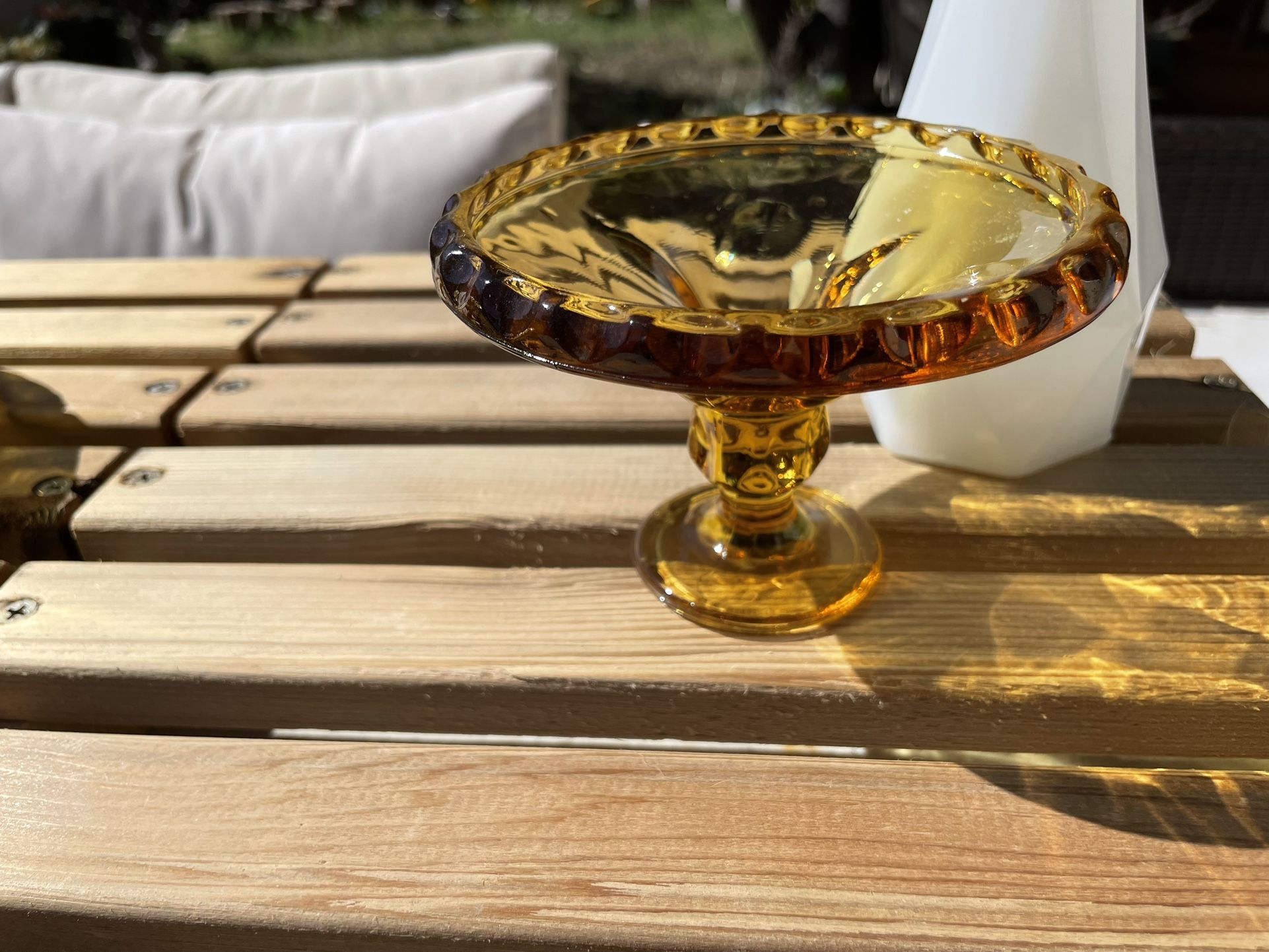 Vintage Amber Glass Thumbprint Pattern Ice Cream Bowl Pedestal