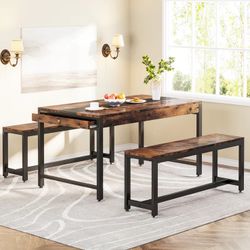 Tribesigns Dining Table Set, Kitchen Breakfast Table with 2 Benches & Sided Drawer 