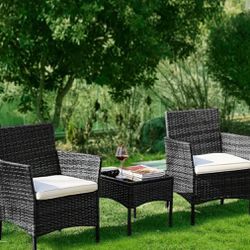 3pcs/sets Outdoor Wicker Rattan Chairs, Waterproof & Sunscreen, Garden Backyard Balcony, Seat With Soft Cushion, Comfortable Touch, Glass Table