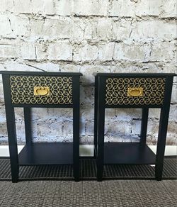Pair of Side Tables/Bedside Tables; Art Deco Style; Black with Gold Detail
