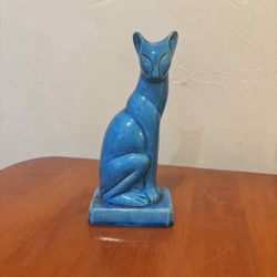 Vintage Cat Turquoise Blue Glazed Ceramic Figurine made in China 8”