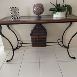 Sofa Table With Glass and Rod Iron Swans