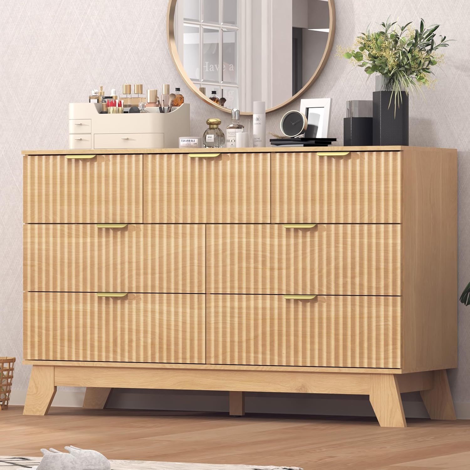 Fluted Dresser for Bedroom,7 Drawer Dresser for Closet,Storage Cabinet and Chest of Drawers with Gold Handle,TV Stand,Storage Organizer for Living Roo
