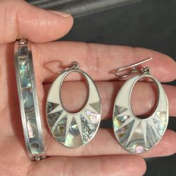 Vintage Alpaca Mexico Set 2-Abalone Inlay Earrings Bracelet Southwestern Boho Artisan Jewelry Pair 