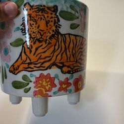 1 Hand Painted Green, Orange & Black BENGAL TIGER Planter. Beautiful Artist Flower Pot For Plant, Big Candle Etc. 