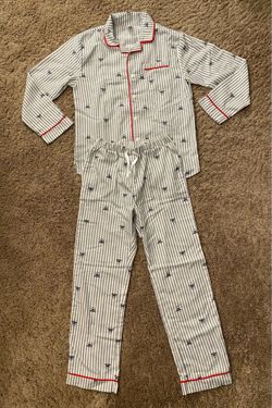 GAP Kids Striped pajama set with red trim and small shark details Size 12