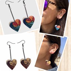 Handmade Earrings Ocean Heart Sunset Wood Double Sided