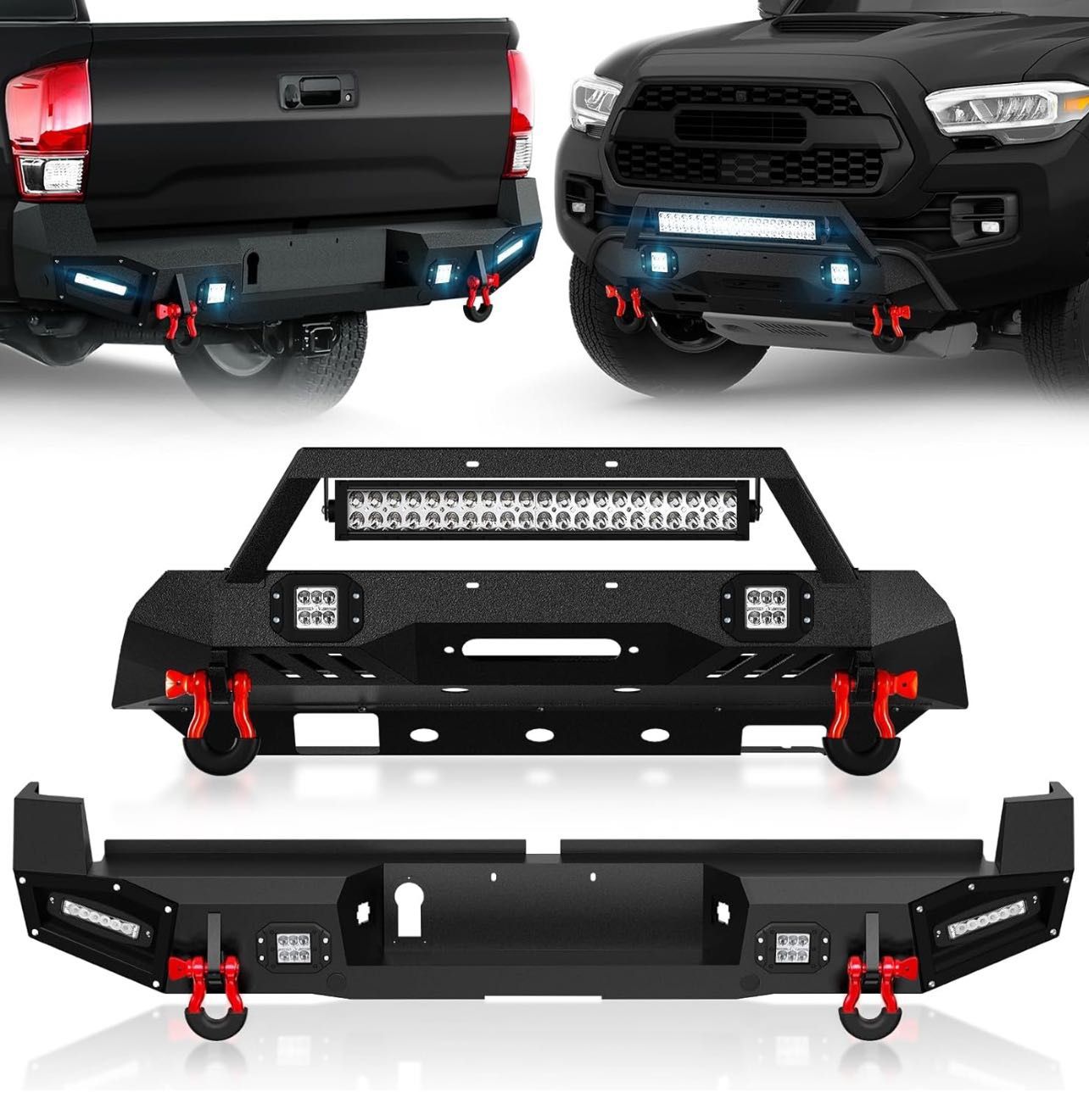 Stubby Front Bumper and Rear Bumper Compatible with 2016-2023 Toyota Tacoma 3rd Gen Pickup Truck Bumper with Skid Plate, Winch Plate, LED Lights, Sens