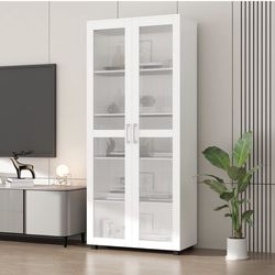  Tall Bookcase Storage Cabinet with Frosted Acrylic Doors, 5-Tier Bookshelves Wooden Organizer for Living Room, White (15.4" D x 31.5" W x 72.3" H)