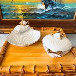Vtg Enesco Japan White Porcelain Shell Dishes with Gold Fish Detail – Set of 2