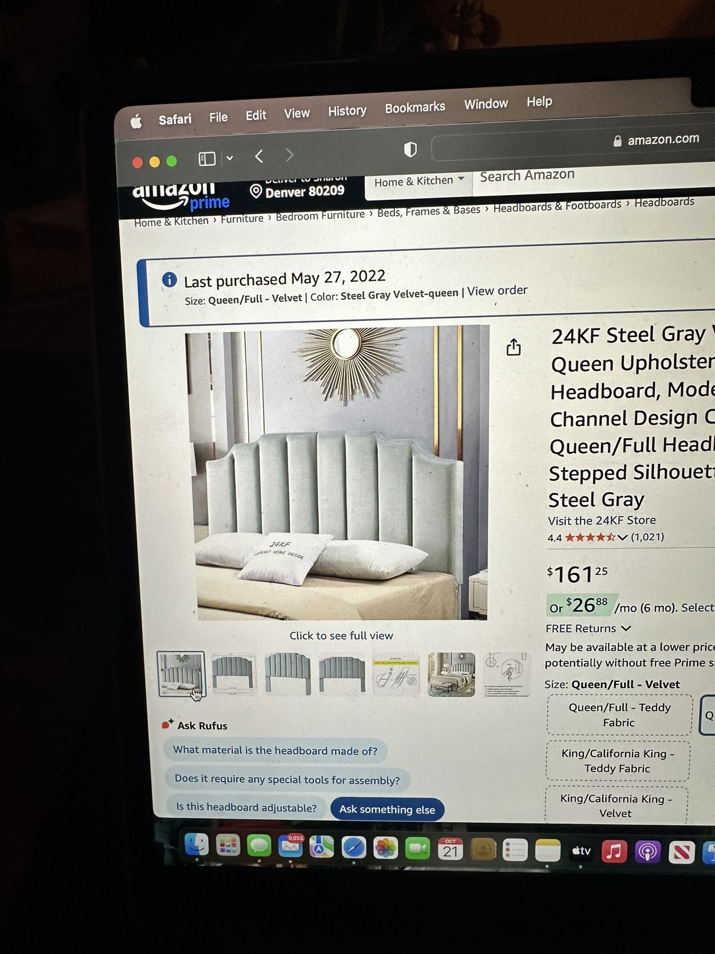 Grey Velvet Queen/ Full Headboard 