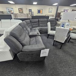Gray leather power recliner sectional