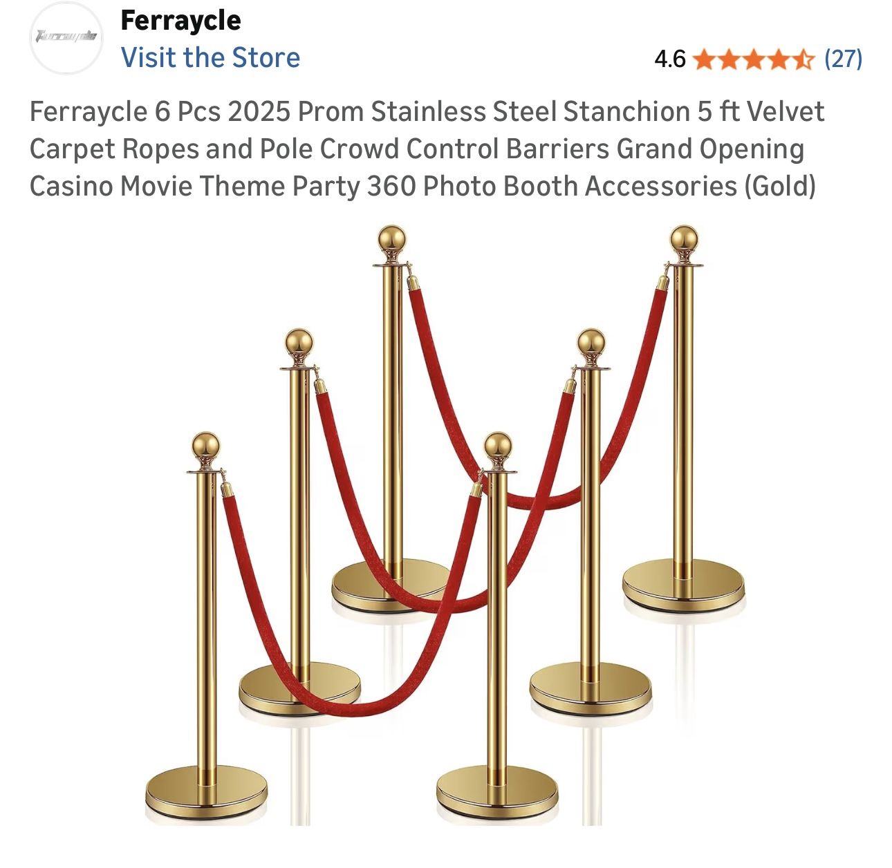 $100 Brand New Ferraycle 6 Pcs 2025 Prom Stainless Steel Stanchion 5 ft Velvet Carpet Ropes and Pole Crowd Control Barriers Grand Opening Casino Movie