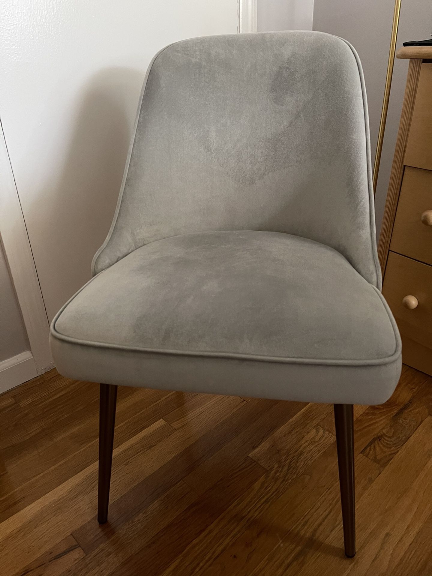West Elm- Mid-Century Upholstered Dining Chair, Performance Velvet, Dove Gray, Oil Rubbed Bronze Legs