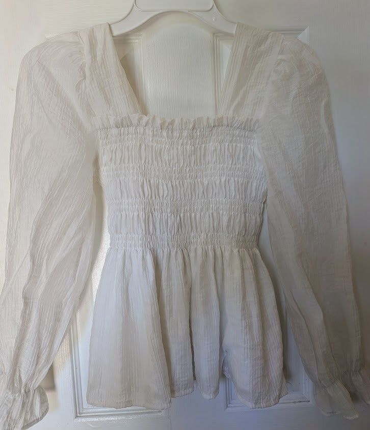 White summer smocked ruffle babydoll tunic shirt top women junior XS