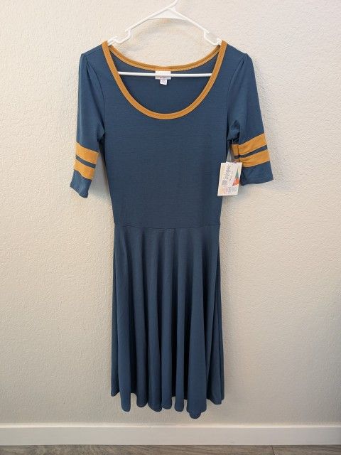 LuLaRoe Blue Dress with Gold Yellow Trim Size XS - NEW