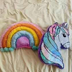 Little Girl Room Decor Sequin Pillows Unicorn And Rainbow 