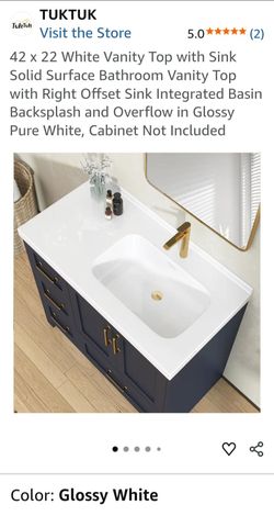 42 x 22 White Vanity Top with Sink Solid Surface Bathroom Vanity Top with Right Offset Sink Integrated Basin Backsplash and Overflow in Glossy Pure Wh