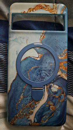 Pixel 7 Blue / Gold Marble Phone Case with Ring Stand