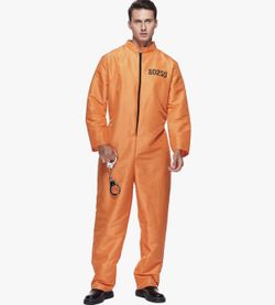 Men Prisoner Costume Halloween Orange Jumpsuit Adult Jailbird Escaped Inmate Suit